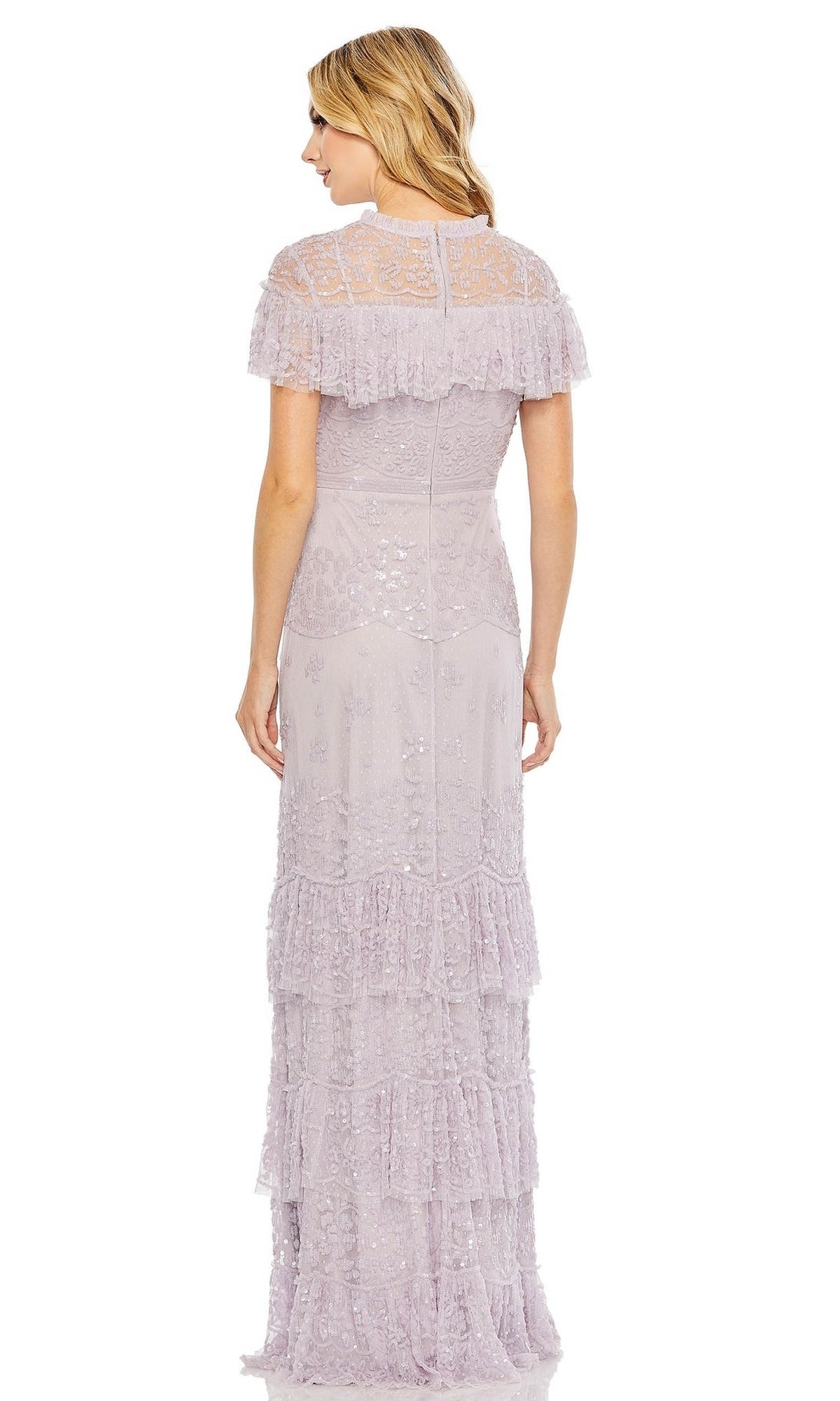 Woman wearing the Lilac Long Sequin Formal Dress by Mac Duggal 9195, featuring lace detailing, short sleeves, and tiered ruffles, shown from the back.